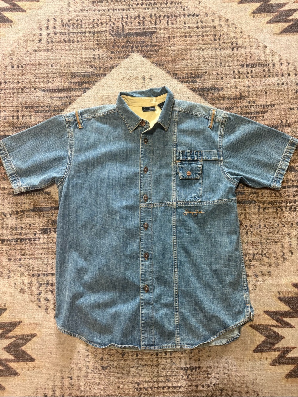 Sean John Vintage Denim Cotton Button Down Short Sleeve Shirt Size Medium